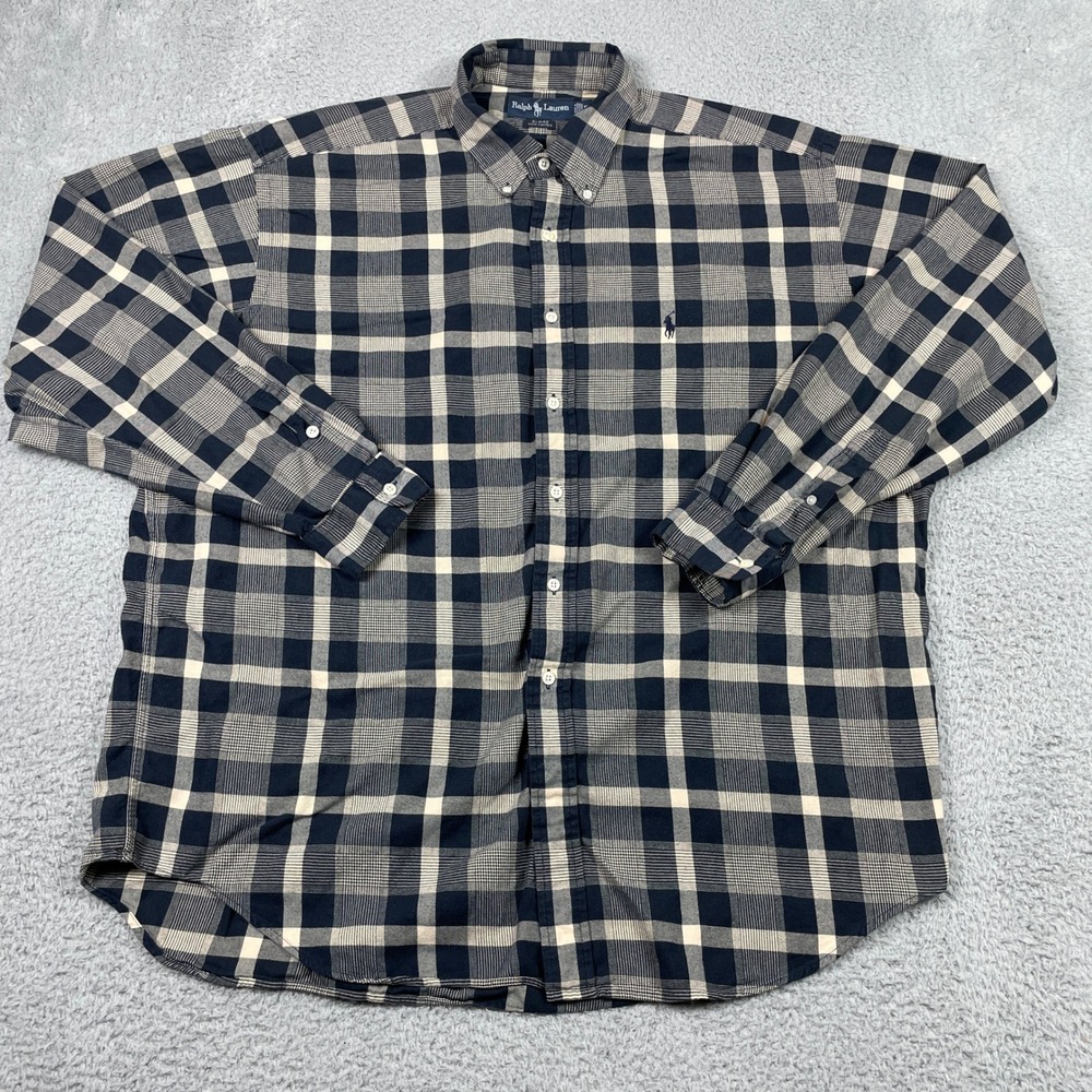 VTG Ralph Lauren Blaire Plaid Shirt Mens XL Navy Blue Cream Preppy Button Down